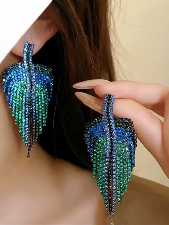 Anthropologie Jewelry - Blue and Green Crystal Fringe Leaf Earrings